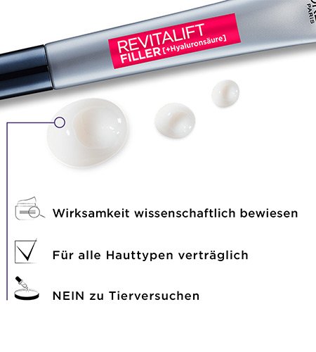 Eine Tube Revitalift Filler HA aufpolsternde Pflege fuer das Auge auf weißem Grund mit drei Tropfen